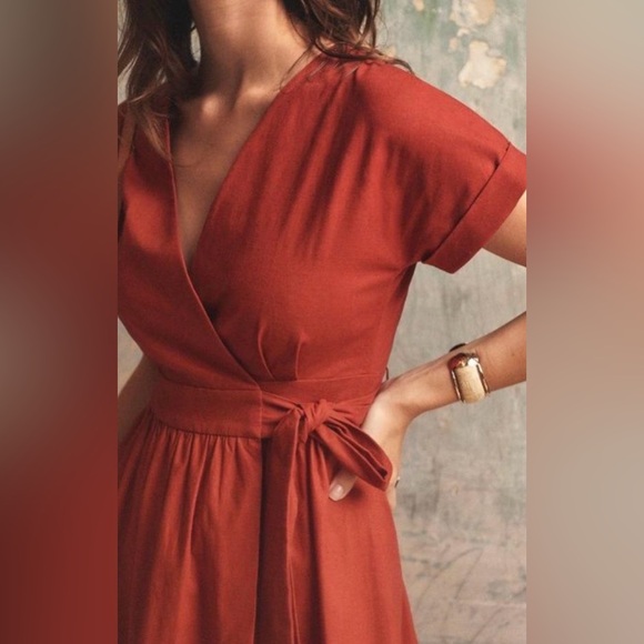 Sézane Marielle true wrap dress, terracotta (deep rust), linen cotton FR 34 - Picture 3 of 15